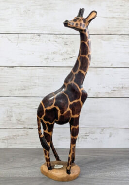 Wooden Giraffe Hand Carved Statue Figurine 14" Tall African Safari Animal Decor